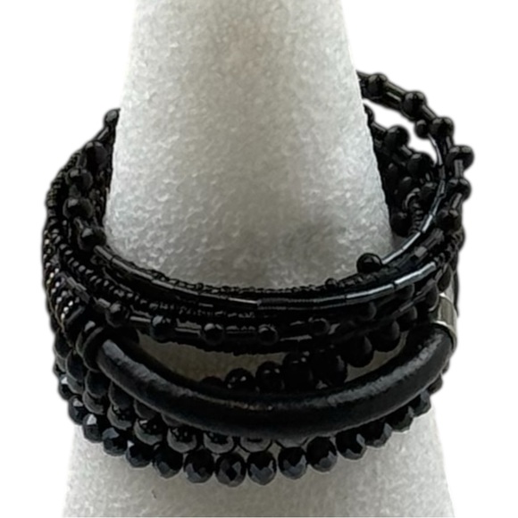 Black Beaded Bracelet Set Mixed Media Stretch Faux Leather Layered - Picture 5 of 7